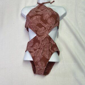 shade and shore swimsuit women's Small  Halter One Piece Rust Palm Print NWOT